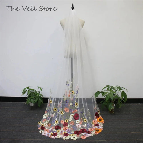 MultiColoured 3D Flowers Floral Bridal Wedding Veils With Comb White Ivory Tulle Embroidered Colorful Unique Purple Yellow Pink - Luzilly Bridal & Apparel