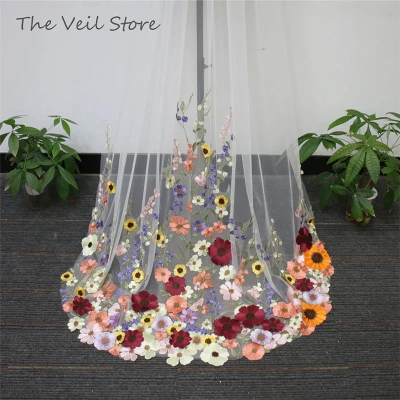 MultiColoured 3D Flowers Floral Bridal Wedding Veils With Comb White Ivory Tulle Embroidered Colorful Unique Purple Yellow Pink - Luzilly Bridal & Apparel
