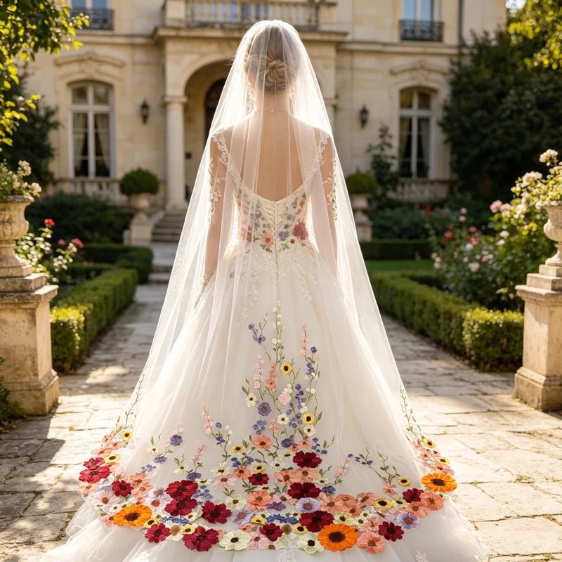 MultiColoured 3D Flowers Floral Bridal Wedding Veils With Comb White Ivory Tulle Embroidered Colorful Unique Purple Yellow Pink - Luzilly Bridal & Apparel