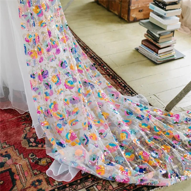 MultiColoured Sequins Colorful Floral Bridal Wedding Veils With Comb Sparkly For Brides Accessories Cathedral Long Unique Shine - Luzilly Bridal & Apparel