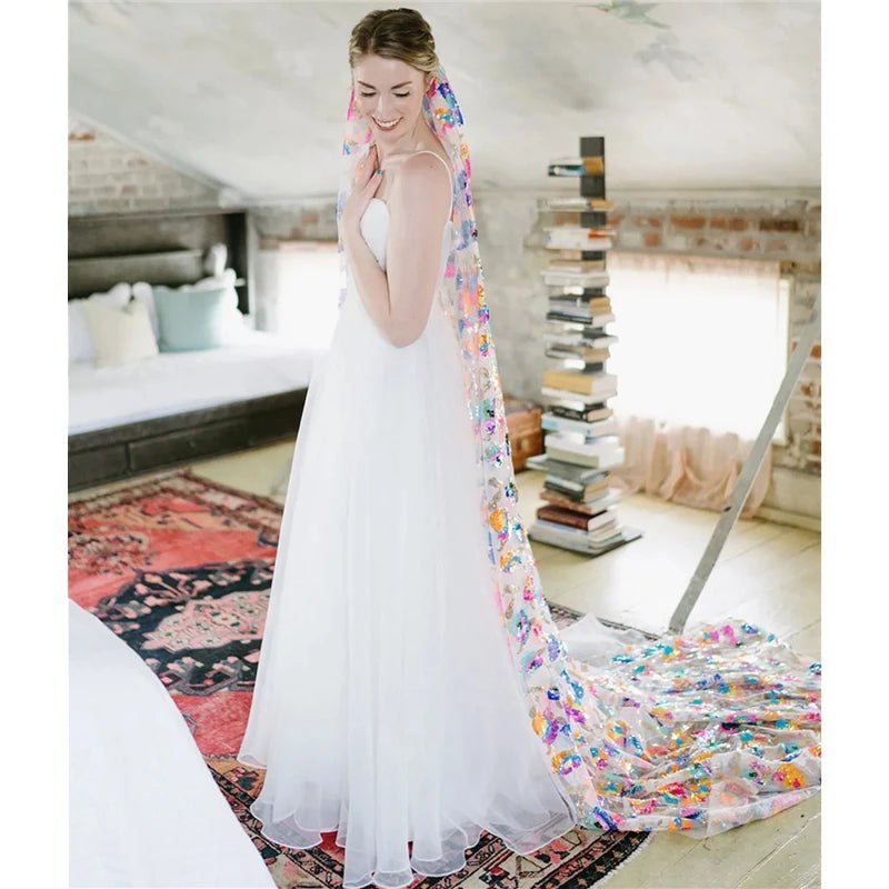 MultiColoured Sequins Colorful Floral Bridal Wedding Veils With Comb Sparkly For Brides Accessories Cathedral Long Unique Shine - Luzilly Bridal & Apparel