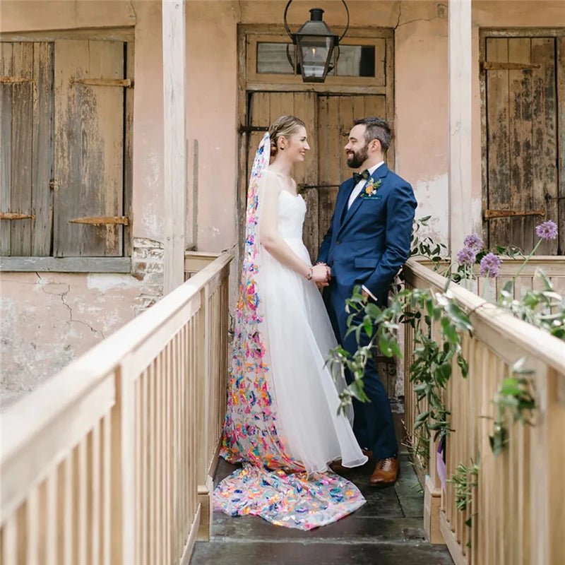 MultiColoured Sequins Colorful Floral Bridal Wedding Veils With Comb Sparkly For Brides Accessories Cathedral Long Unique Shine - Luzilly Bridal & Apparel