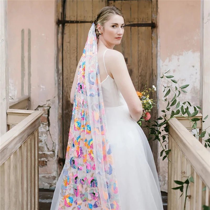 MultiColoured Sequins Colorful Floral Bridal Wedding Veils With Comb Sparkly For Brides Accessories Cathedral Long Unique Shine - Luzilly Bridal & Apparel