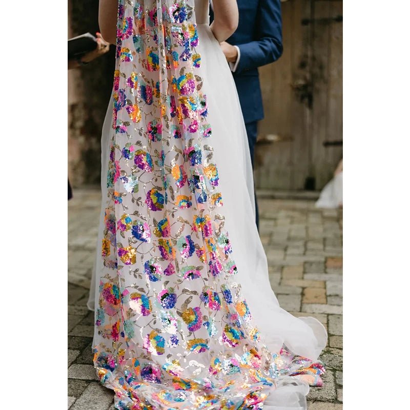 MultiColoured Sequins Colorful Floral Bridal Wedding Veils With Comb Sparkly For Brides Accessories Cathedral Long Unique Shine - Luzilly Bridal & Apparel