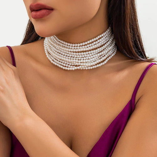 Multilayer Elegant Imitation Pearl Chunky Beads Chain Necklace for Women Wedding Bridal Goth Clavicle Choker Neck Accessories - Luzilly Bridal & Apparel
