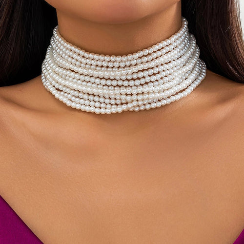 Multilayer Elegant Imitation Pearl Chunky Beads Chain Necklace for Women Wedding Bridal Goth Clavicle Choker Neck Accessories - Luzilly Bridal & Apparel