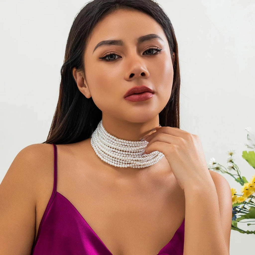 Multilayer Elegant Imitation Pearl Chunky Beads Chain Necklace for Women Wedding Bridal Goth Clavicle Choker Neck Accessories - Luzilly Bridal & Apparel