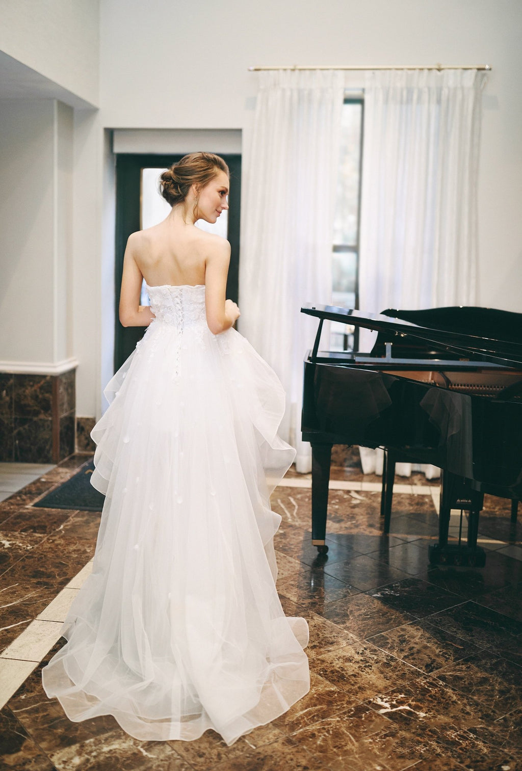 Musa - Strapless 3D Floral Lace Short-long Skirt short white wedding dress with Detachable Sleeves - Luzilly Bridal & Apparel