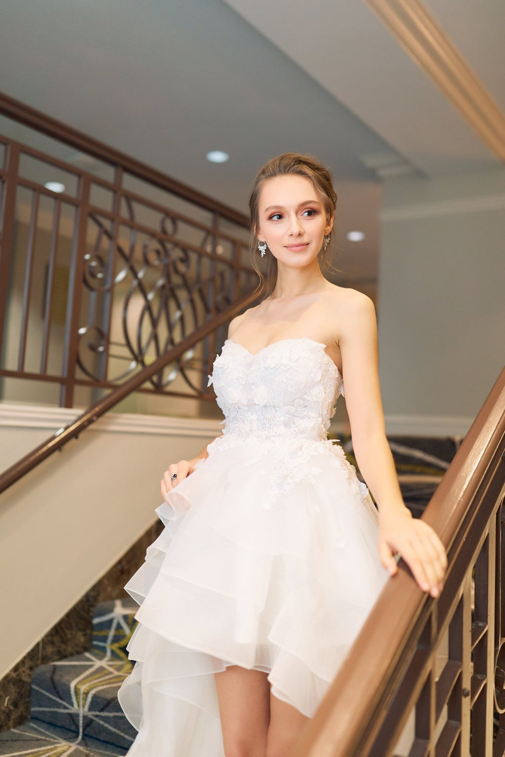 Musa - Strapless 3D Floral Lace Short-long Skirt short white wedding dress with Detachable Sleeves - Luzilly Bridal & Apparel