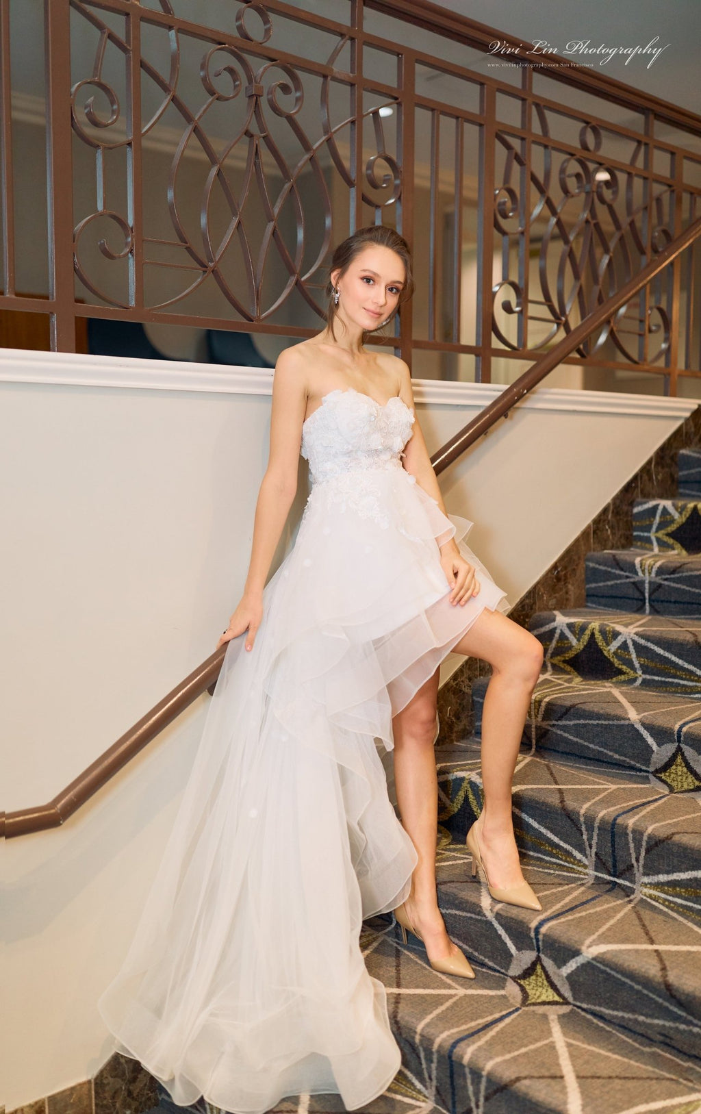 Musa - Strapless 3D Floral Lace Short-long Skirt short white wedding dress with Detachable Sleeves - Luzilly Bridal & Apparel