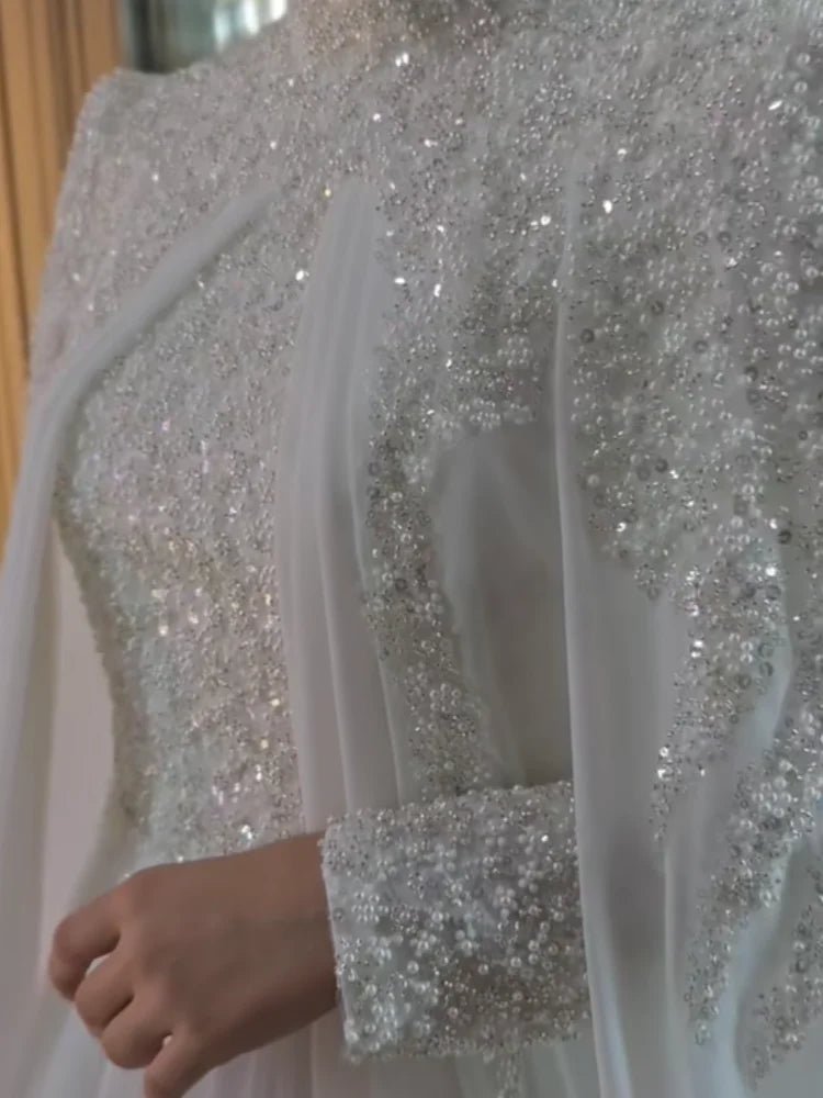 Muslim Long Sleeve Wedding Dress Elegant High Collar Beaded Chiffon A-line Bride Dress Arab Women's Wedding Dress Customized - Luzilly Bridal & Apparel