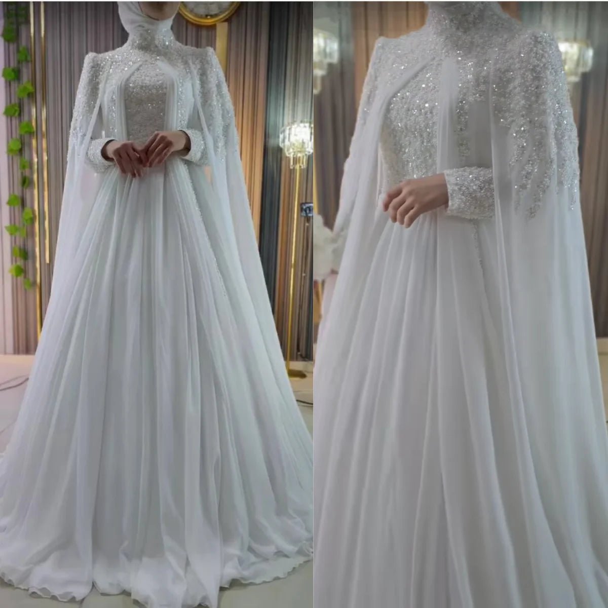 Muslim Long Sleeve Wedding Dress Elegant High Collar Beaded Chiffon A-line Bride Dress Arab Women's Wedding Dress Customized - Luzilly Bridal & Apparel