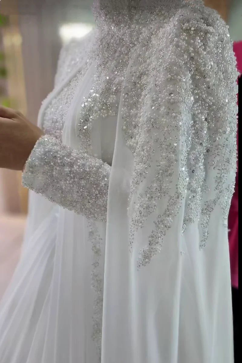 Muslim Long Sleeve Wedding Dress Elegant High Collar Beaded Chiffon A-line Bride Dress Arab Women's Wedding Dress Customized - Luzilly Bridal & Apparel
