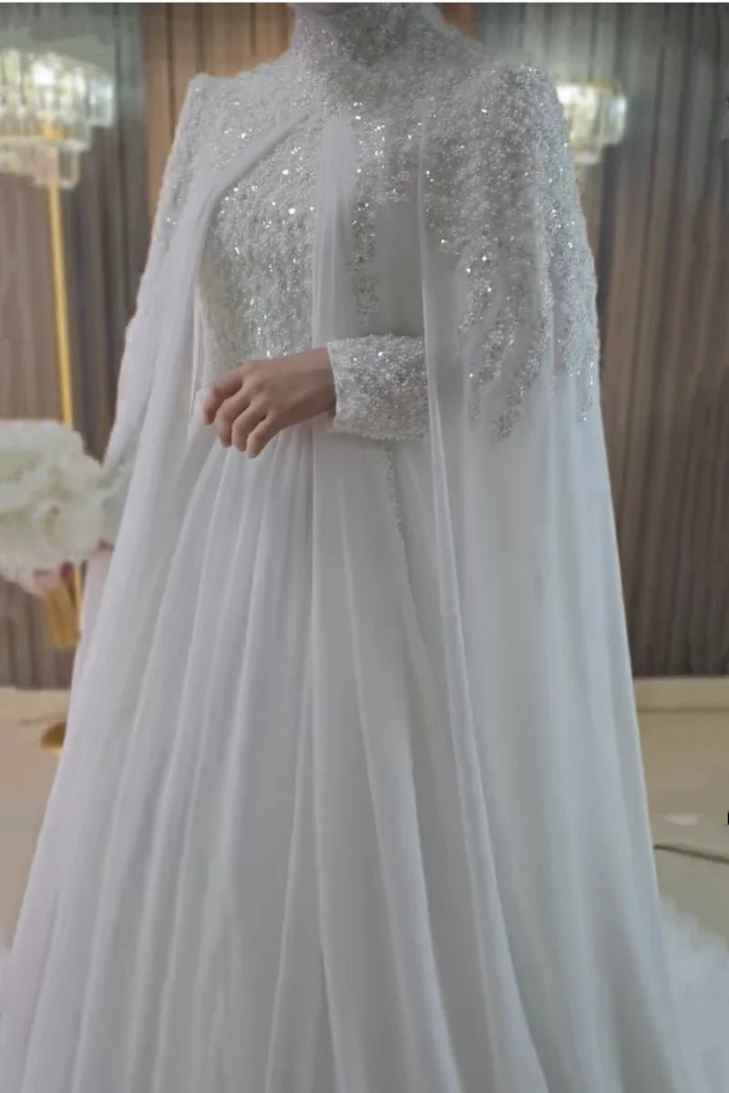 Muslim Long Sleeve Wedding Dress Elegant High Collar Beaded Chiffon A-line Bride Dress Arab Women's Wedding Dress Customized - Luzilly Bridal & Apparel