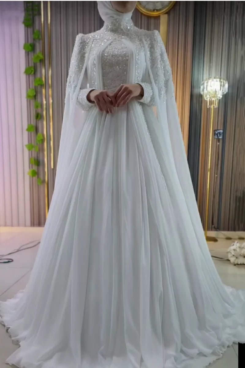 Muslim Long Sleeve Wedding Dress Elegant High Collar Beaded Chiffon A-line Bride Dress Arab Women's Wedding Dress Customized - Luzilly Bridal & Apparel