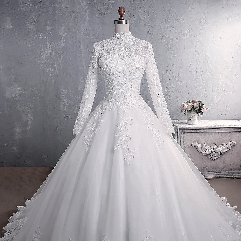 Muslim Wedding Dress 2021 Elegant High Neck With Train Princess Bride Dress Luxury Lace Embroidery Wedding Gown Vestido De Noiva - Luzilly Bridal & Apparel