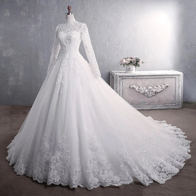 Muslim Wedding Dress 2021 Elegant High Neck With Train Princess Bride Dress Luxury Lace Embroidery Wedding Gown Vestido De Noiva - Luzilly Bridal & Apparel