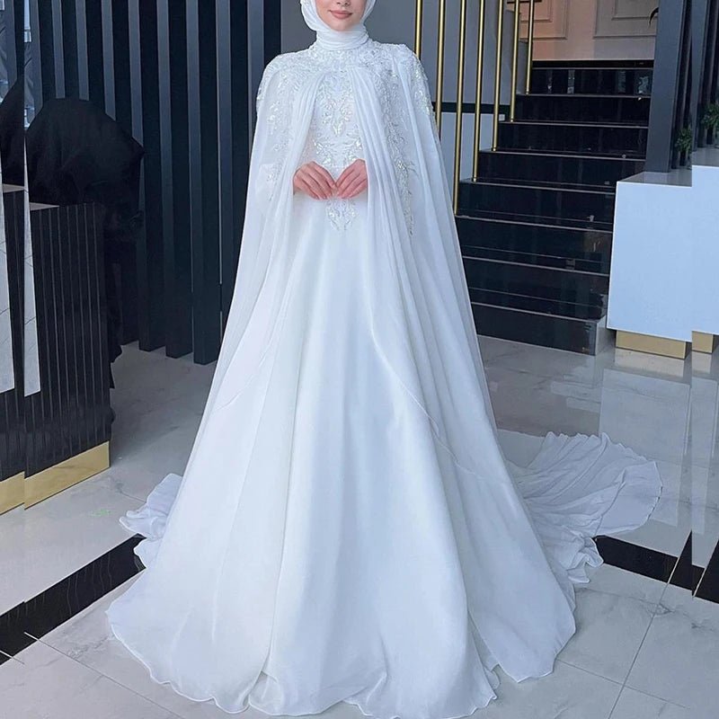 Muslim Wedding Dresses Hijab High Neck Long Sleeve A Line Bride Dress Chiffon Pearls Bridal Gown vestidos de novia Customized - Luzilly Bridal & Apparel