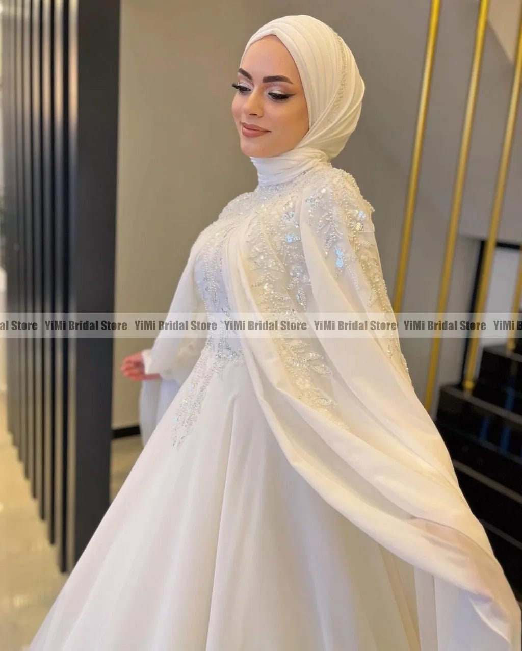 Muslim Wedding Dresses Hijab High Neck Long Sleeve A Line Bride Dress Chiffon Pearls Bridal Gown vestidos de novia Customized - Luzilly Bridal & Apparel