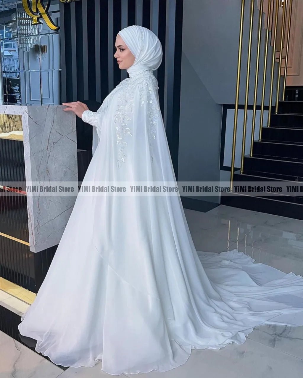 Muslim Wedding Dresses Hijab High Neck Long Sleeve A Line Bride Dress Chiffon Pearls Bridal Gown vestidos de novia Customized - Luzilly Bridal & Apparel