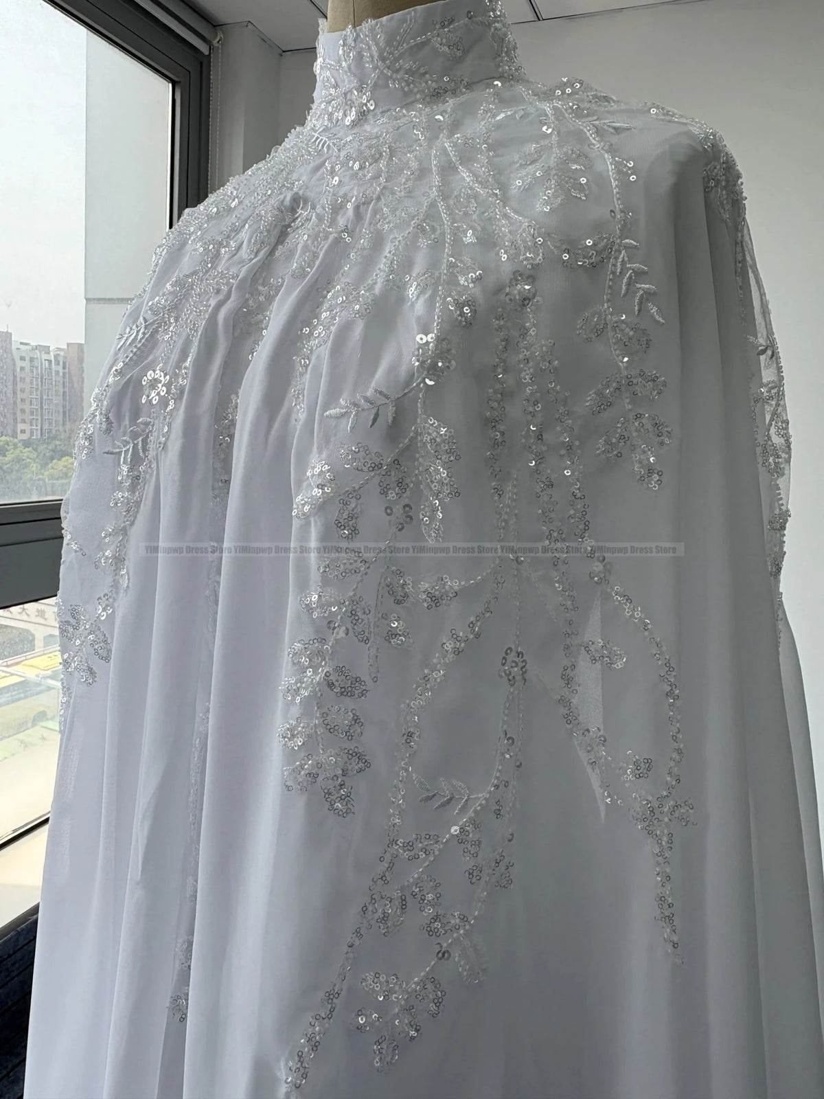 Muslim Wedding Dresses Hijab High Neck Long Sleeve A Line Bride Dress Chiffon Pearls Bridal Gown vestidos de novia Customized - Luzilly Bridal & Apparel