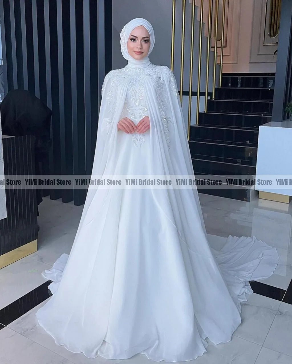 Muslim Wedding Dresses Hijab High Neck Long Sleeve A Line Bride Dress Chiffon Pearls Bridal Gown vestidos de novia Customized - Luzilly Bridal & Apparel