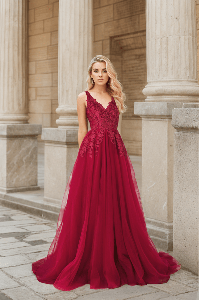 Mysteria - Ruby red deep V-neck lace soft tulle prom dress colored wedding dress - Luzilly Bridal & Apparel