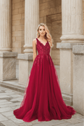 Mysteria - Ruby red deep V-neck lace soft tulle prom dress colored wedding dress - Luzilly Bridal & Apparel