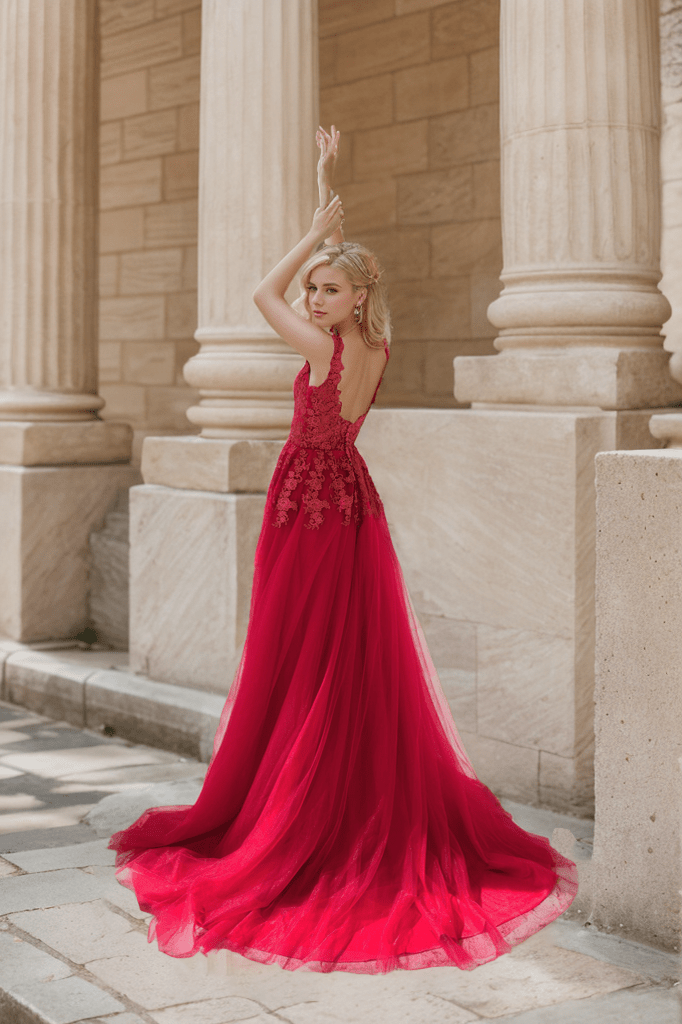 Mysteria - Ruby red deep V-neck lace soft tulle prom dress colored wedding dress - Luzilly Bridal & Apparel