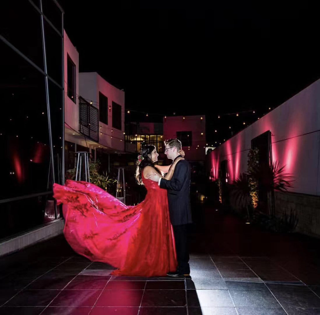 Mysteria - Ruby red deep V-neck lace soft tulle prom dress colored wedding dress - Luzilly Bridal & Apparel