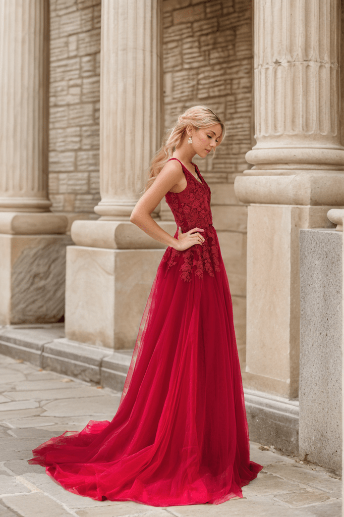 Mysteria - Ruby red deep V-neck lace soft tulle prom dress colored wedding dress - Luzilly Bridal & Apparel