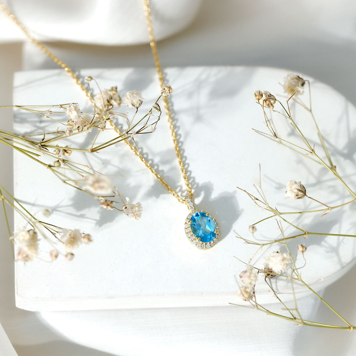 Natural 1 Carat Swiss Blue Topaz and Diamond Halo Necklace With Silver Chain - Luzilly Bridal & Apparel