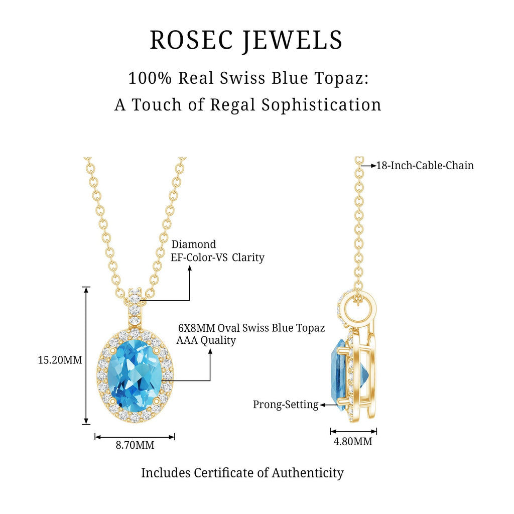 Natural 1 Carat Swiss Blue Topaz and Diamond Halo Necklace With Silver Chain - Luzilly Bridal & Apparel