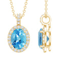 Natural 1 Carat Swiss Blue Topaz and Diamond Halo Necklace With Silver Chain - Luzilly Bridal & Apparel
