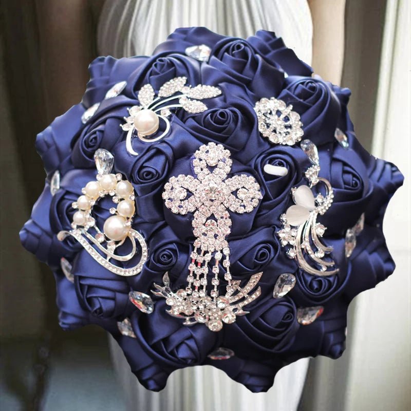 Navy and Champagne Silk Rose Wedding Bouquet - Luzilly Bridal & Apparel