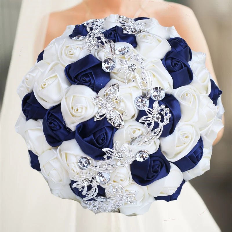 Navy and Champagne Silk Rose Wedding Bouquet - Luzilly Bridal & Apparel