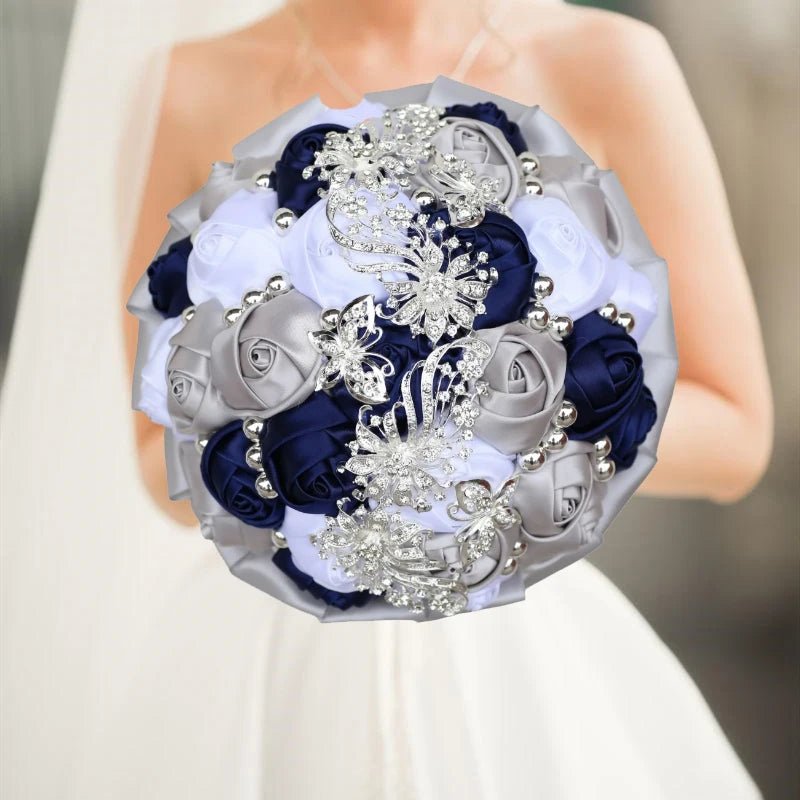 Navy and Champagne Silk Rose Wedding Bouquet - Luzilly Bridal & Apparel