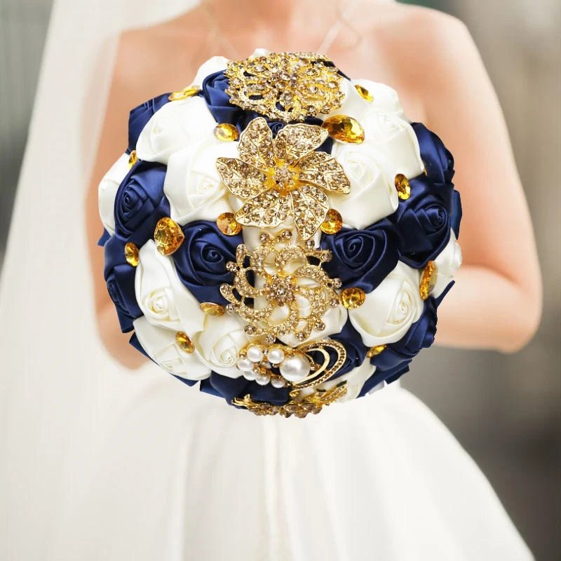Navy and Champagne Silk Rose Wedding Bouquet - Luzilly Bridal & Apparel