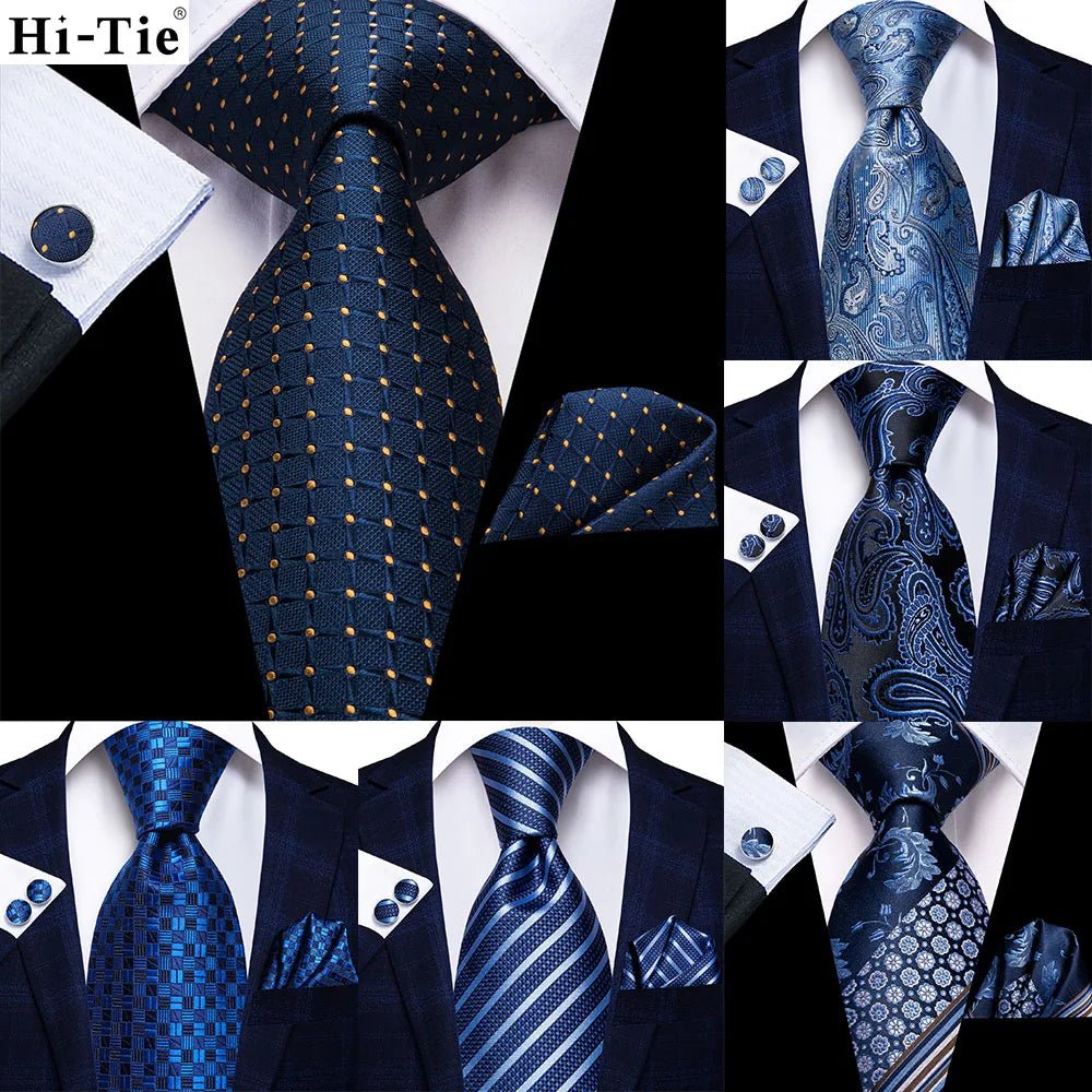 Navy Blue 63inches Mens Tie Set Extra Long Ties for Men Handkerchief Woven Classic Mens 160cm Necktie Pocket Square Hi-Tie silk - Luzilly Bridal & Apparel