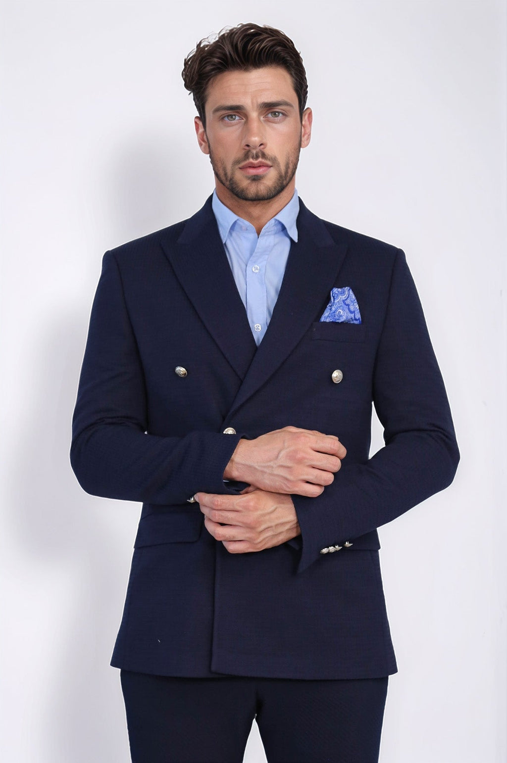 Navy Blue Solid Slim Fit Double-Breasted Blazer with Silver Metal Buttons – Wessi - Luzilly Bridal & Apparel