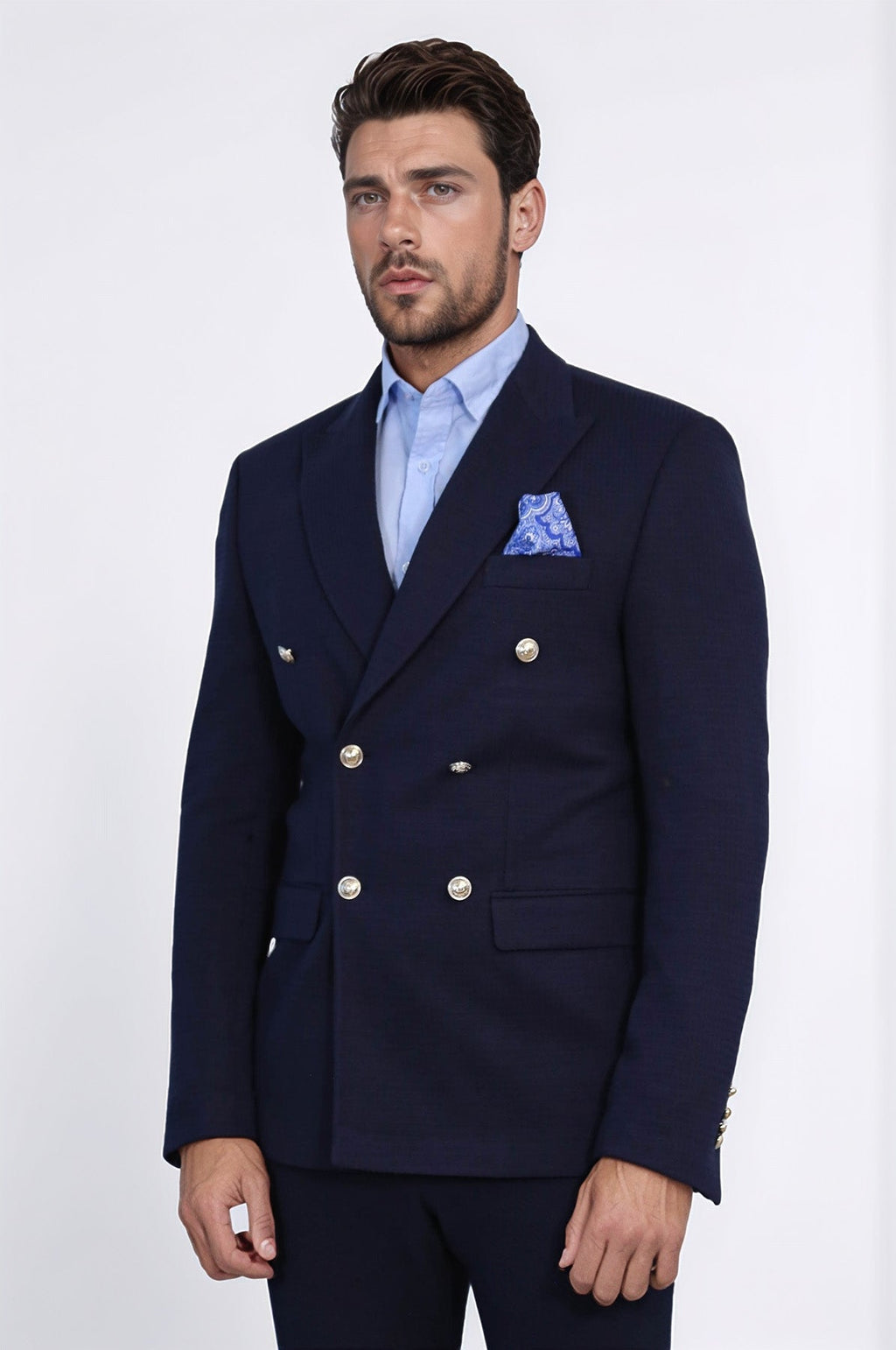 Navy Blue Solid Slim Fit Double-Breasted Blazer with Silver Metal Buttons – Wessi - Luzilly Bridal & Apparel
