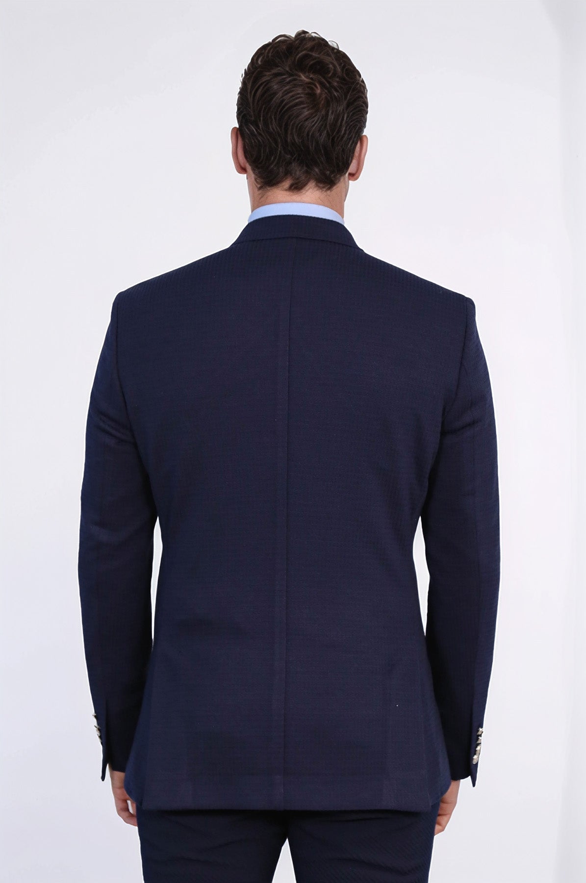 Navy Blue Solid Slim Fit Double-Breasted Blazer with Silver Metal Buttons – Wessi - Luzilly Bridal & Apparel