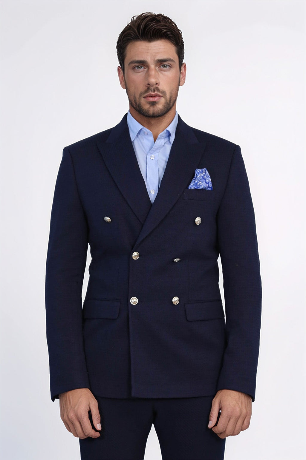 Navy Blue Solid Slim Fit Double-Breasted Blazer with Silver Metal Buttons – Wessi - Luzilly Bridal & Apparel