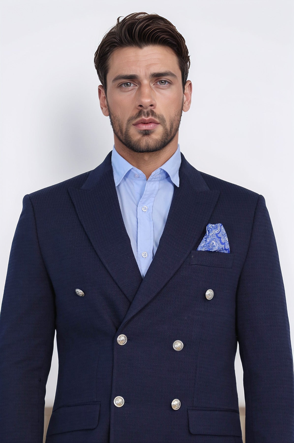 Navy Blue Solid Slim Fit Double-Breasted Blazer with Silver Metal Buttons – Wessi - Luzilly Bridal & Apparel