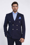Navy Blue Solid Slim Fit Double-Breasted Blazer with Silver Metal Buttons – Wessi - Luzilly Bridal & Apparel