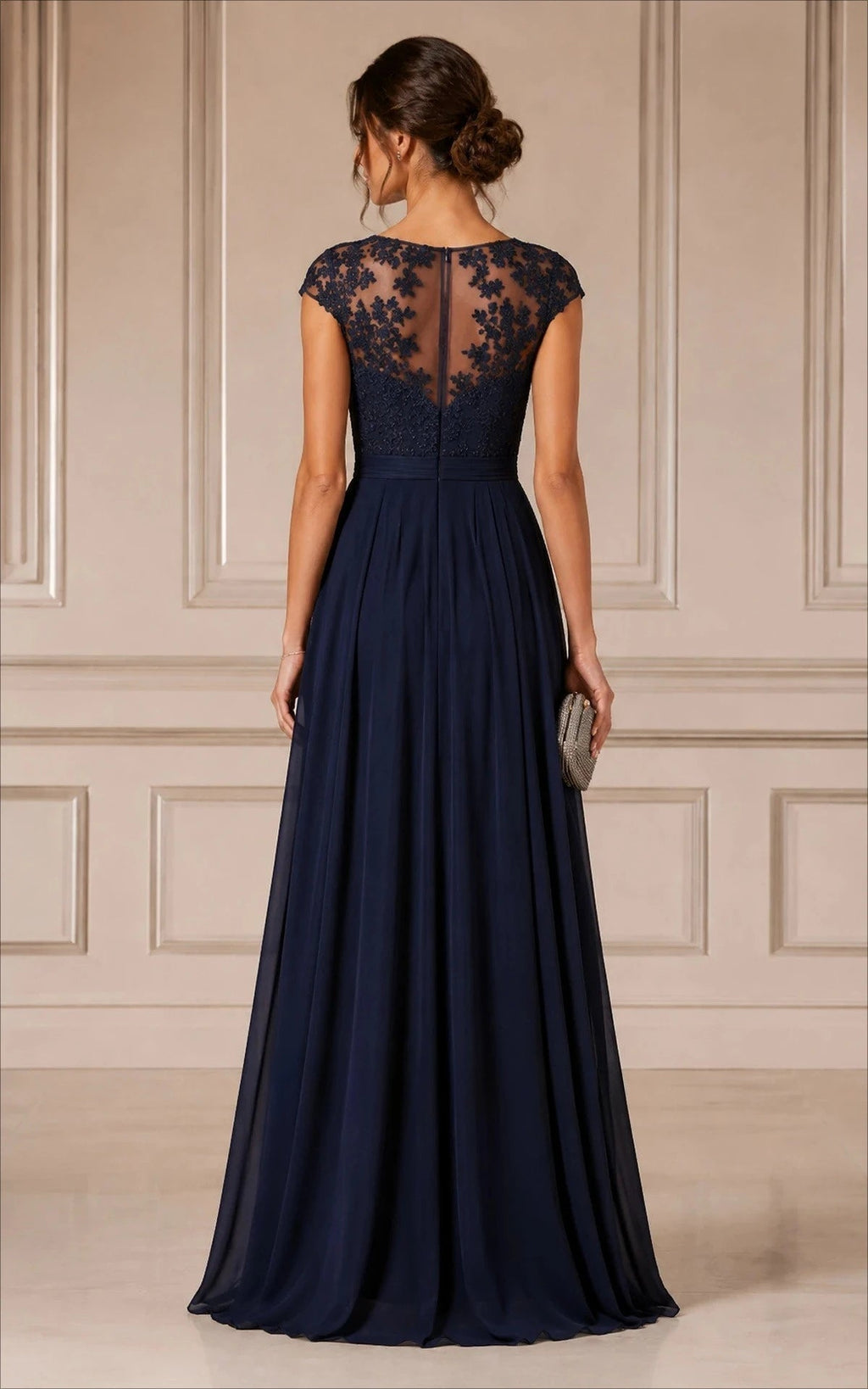 Navy Illusion Lace Chiffon A-Line Mother of the Bride Dress - Luzilly Bridal & Apparel