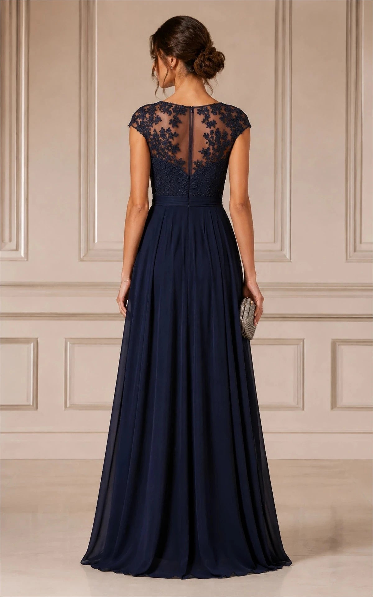 Navy Illusion Lace Chiffon A-Line Mother of the Bride Dress - Luzilly Bridal & Apparel