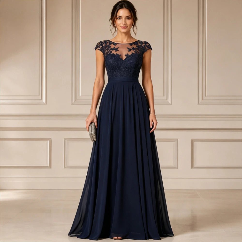 Navy Illusion Lace Chiffon A-Line Mother of the Bride Dress - Luzilly Bridal & Apparel