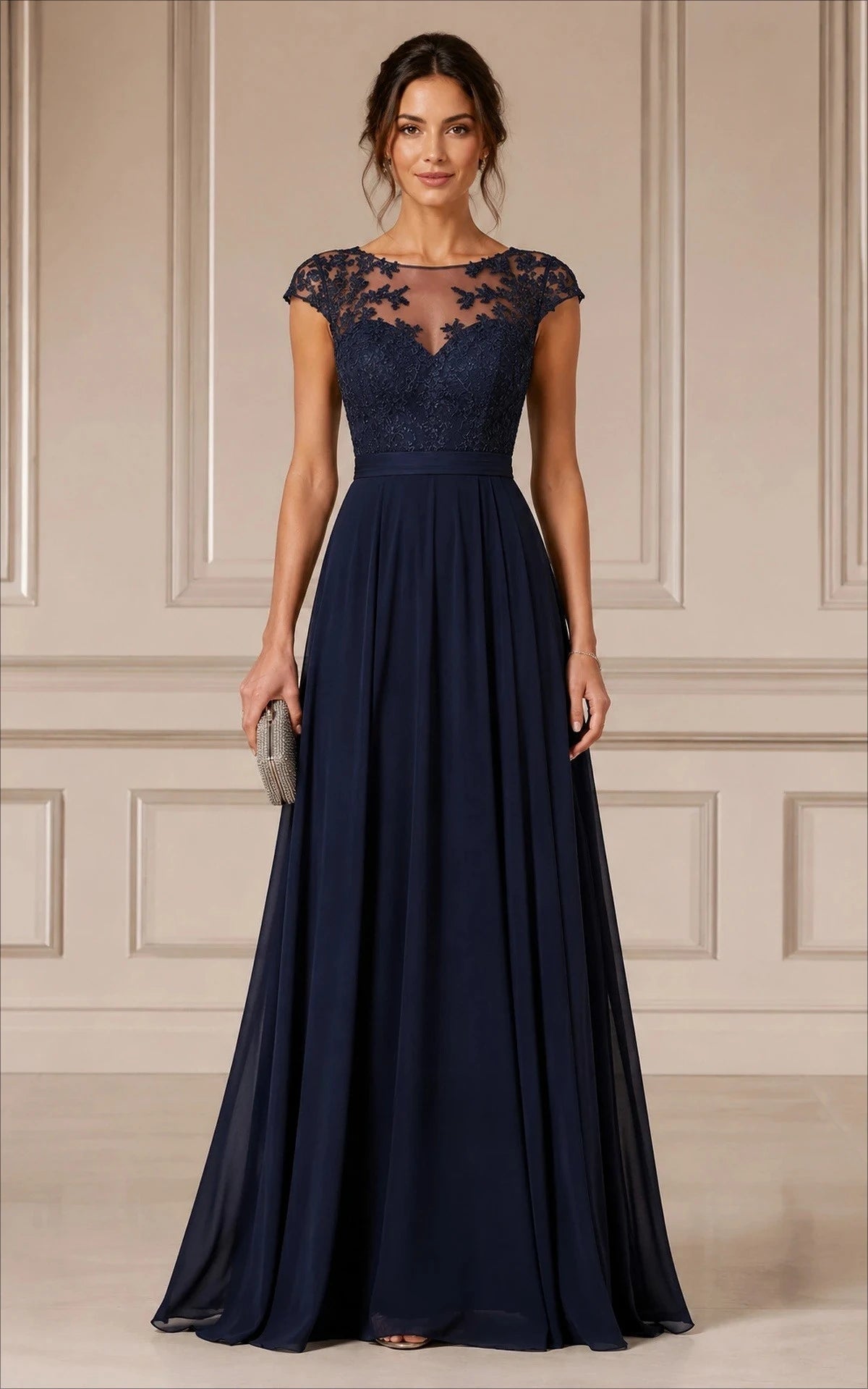Navy Illusion Lace Chiffon A-Line Mother of the Bride Dress - Luzilly Bridal & Apparel