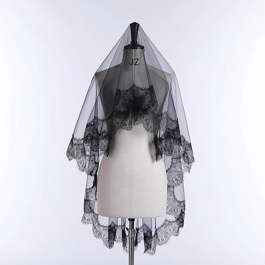 New Arrival Bride Veils One-Layer Women Girl Black Mantilla Wedding Veil Lace Trim Halloween Cosplay Costume Bride Boda 2026 - Luzilly Bridal & Apparel